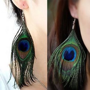 Long Statement Peacock Feather Drop Earrings